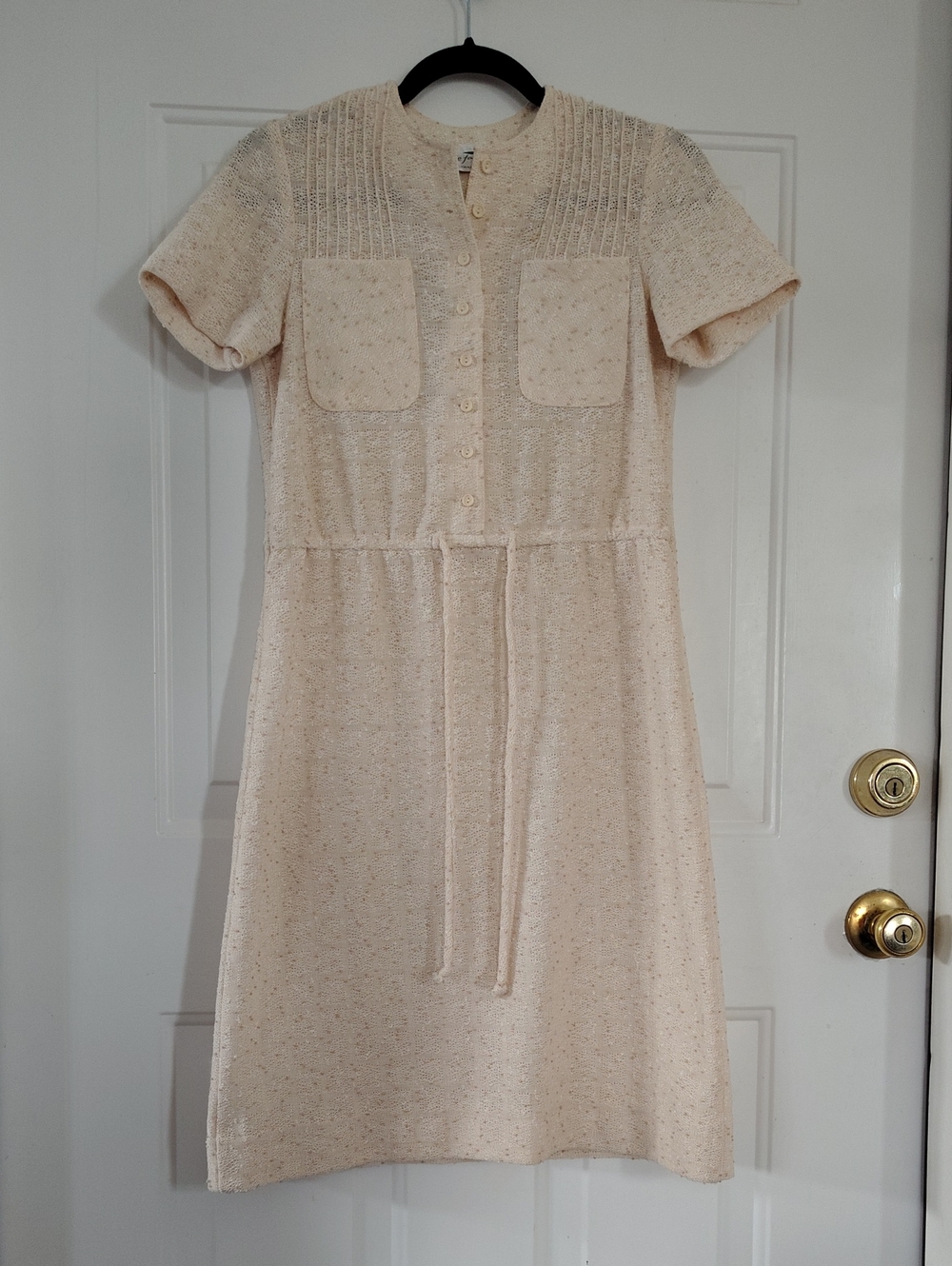 Leslie Fay Vintage Cream Short-Sleeve Button Midi Dress with Waist Tie